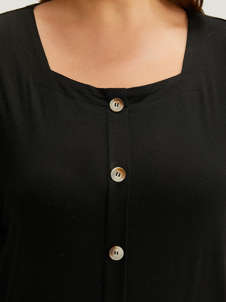 Embroidered Button Detail Scalloped Trim T-shirt