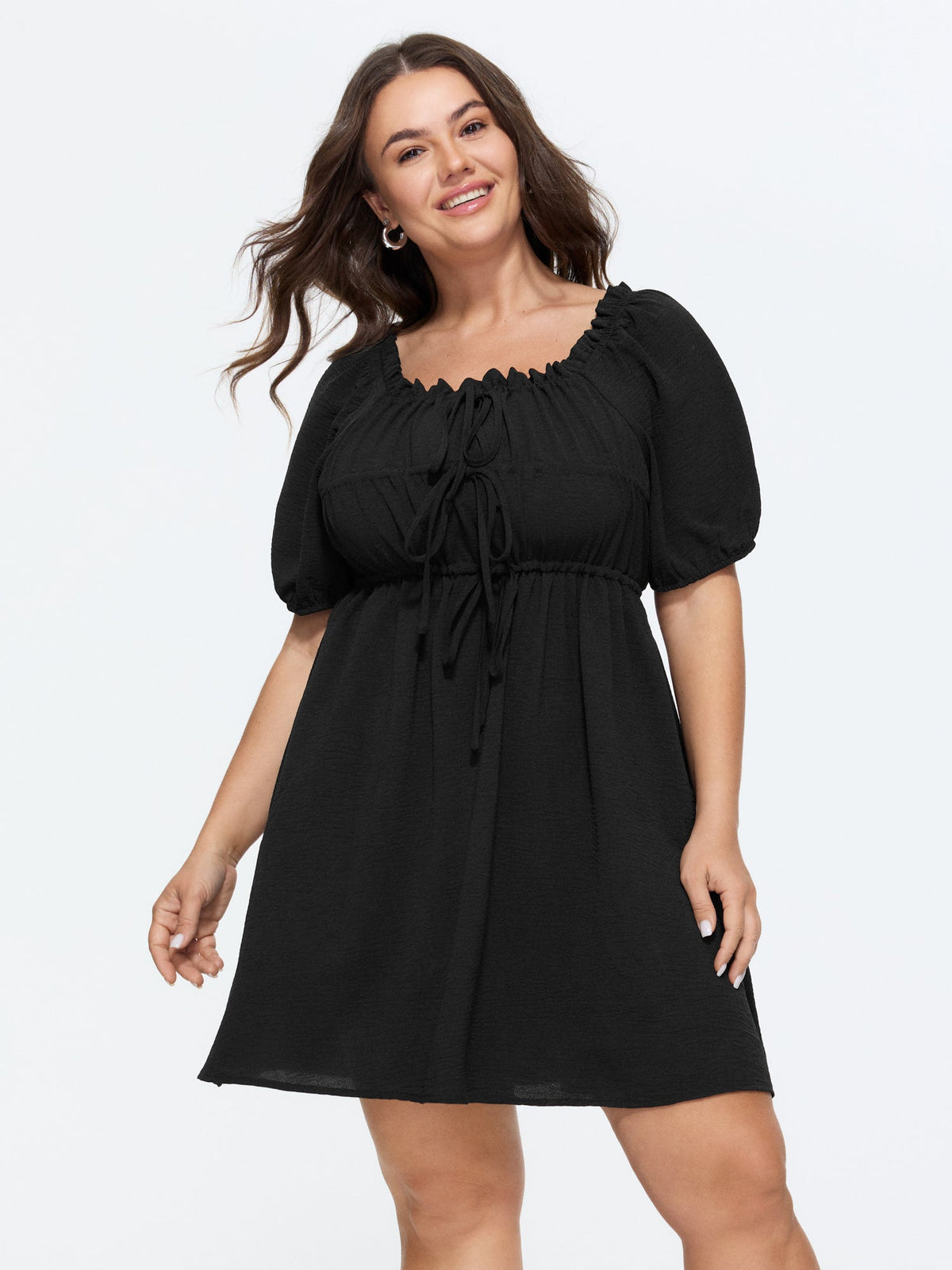 Adjustable Drawstring Tie Front Plain Mini Dress