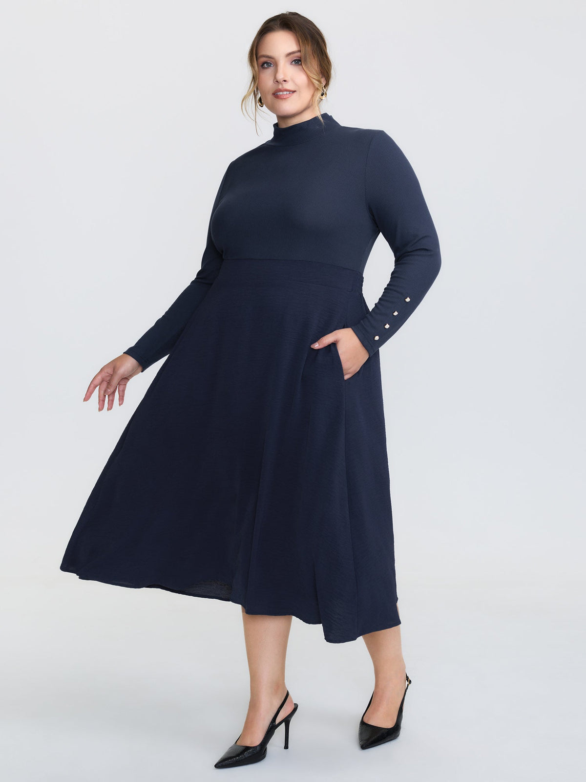 Mock Neck Waist-Defining Button Midi Dress