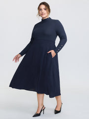 Mock Neck Waist-Defining Button Midi Dress