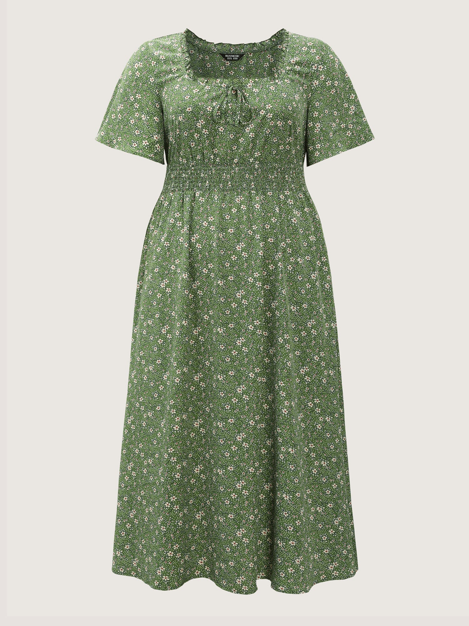 Floral Print Shirred Pockets Midi Dress