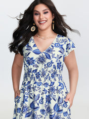 Floral Print Ruffled Sleeve Embroidered Midi Dress