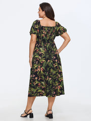 Tropical Floral Print Split Hem Midi Dress