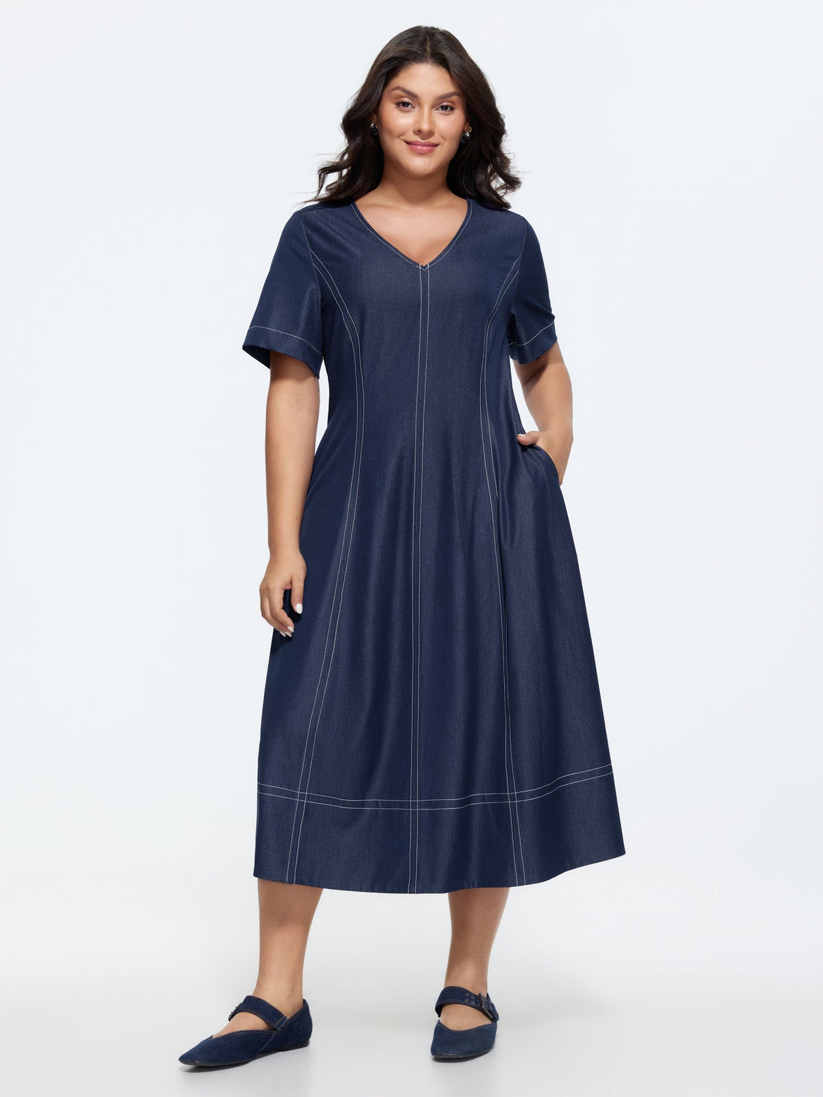 Supersoft Cinched-Waist Pockets Seamed Faux Denim Midi Dress