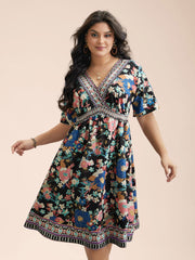 Boho Print Shirred V-Neck Flared Midi Dress