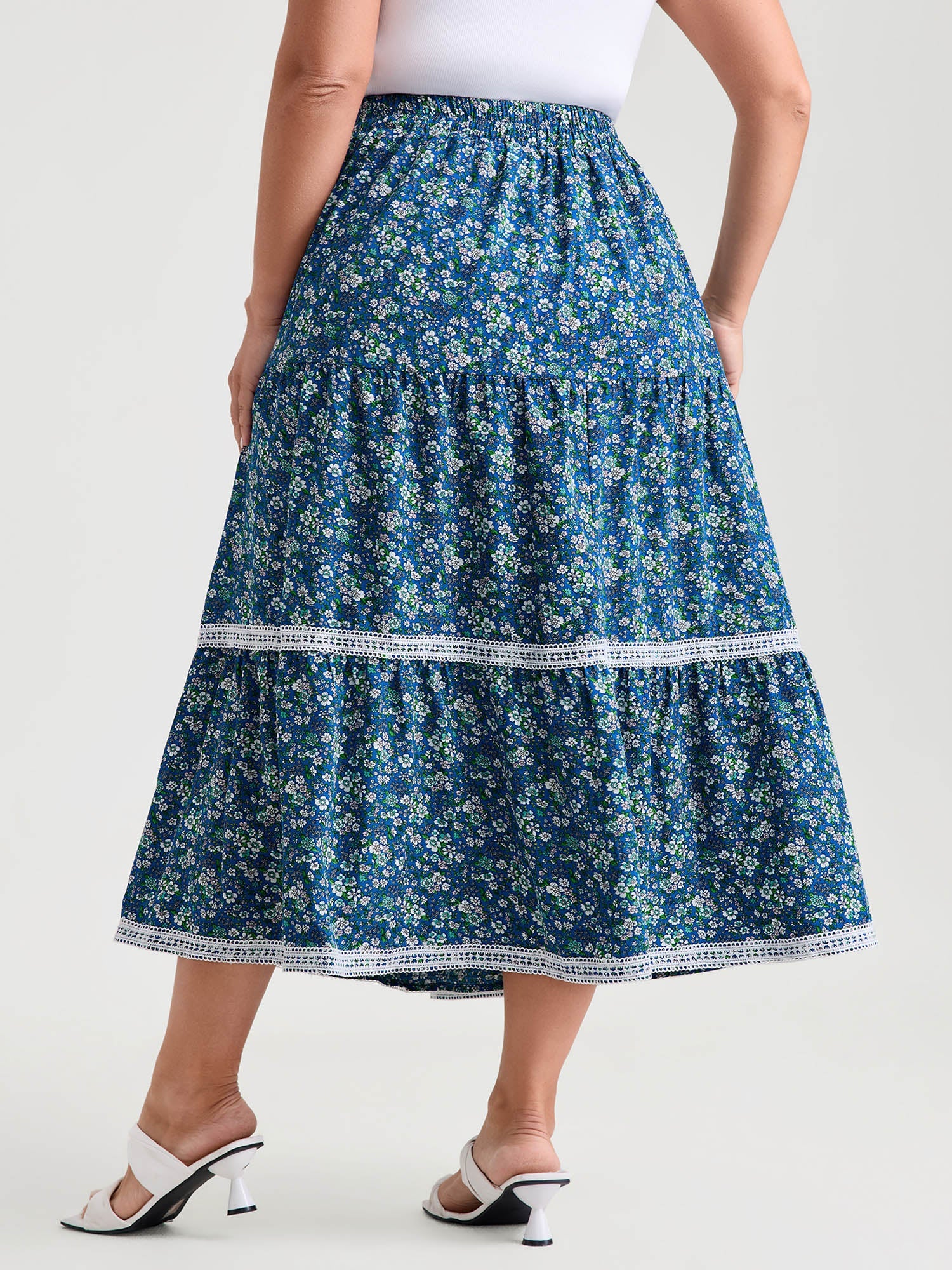 Floral Print Lace Trim Flowy Maxi Skirt