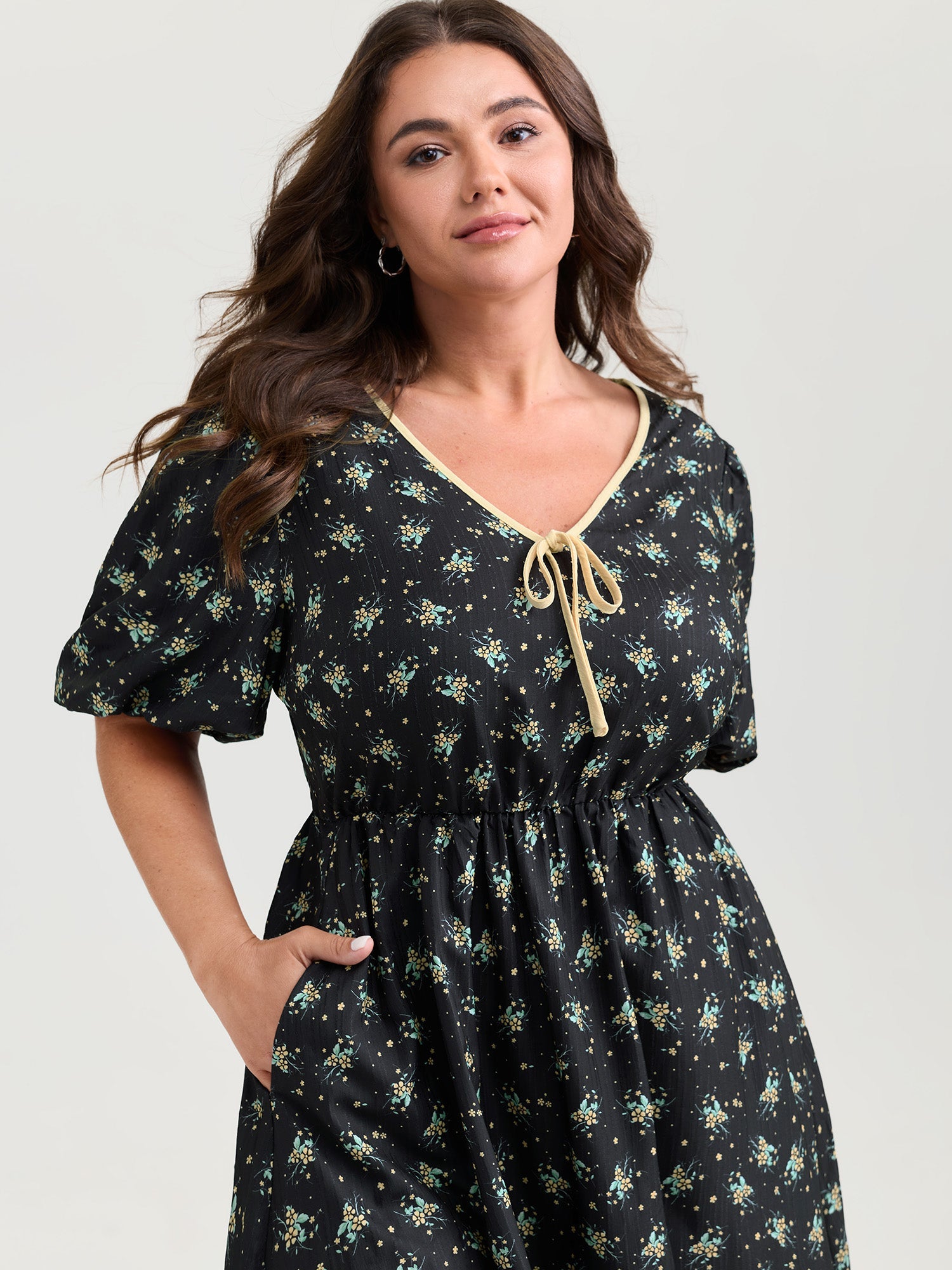 Floral Print Neck Tie Contrast Midi Dress