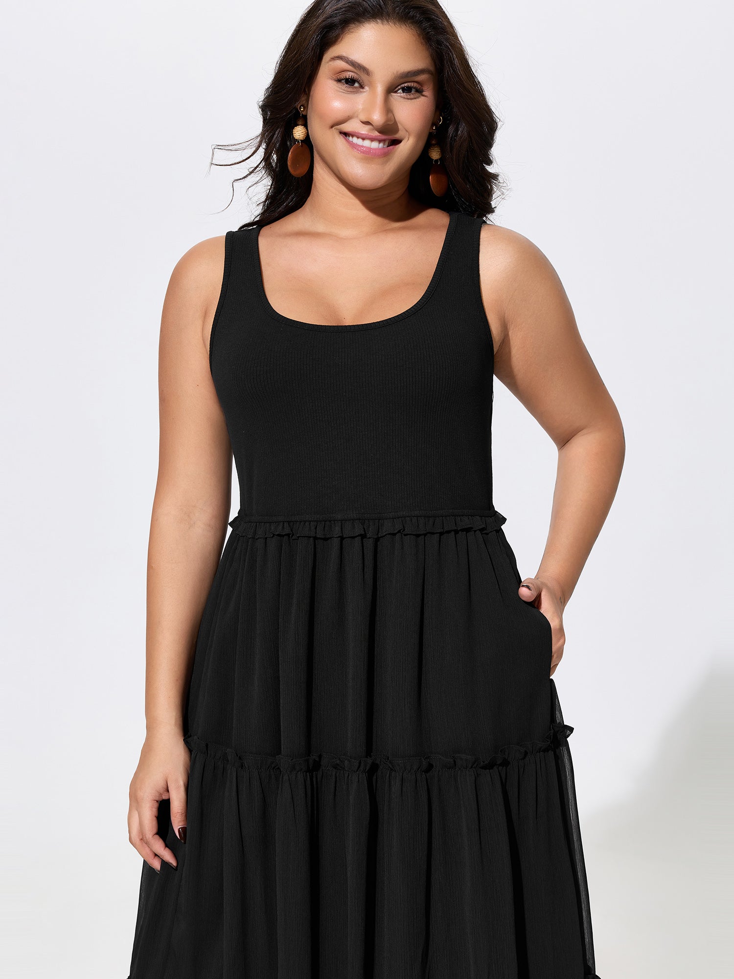Bust-Friendly Classic Ruffled Tiered Flowy Midi Dress