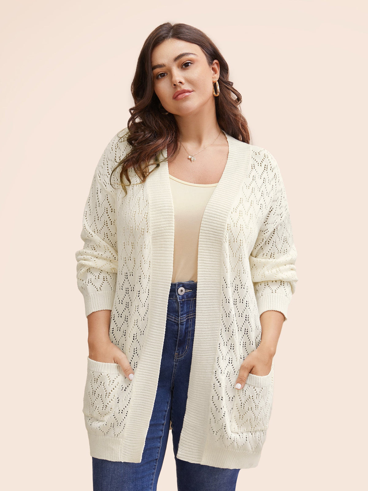Kimono Collar Patch Pocket Pointelle Knit Cardigan