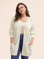 Kimono Collar Patch Pocket Pointelle Knit Cardigan
