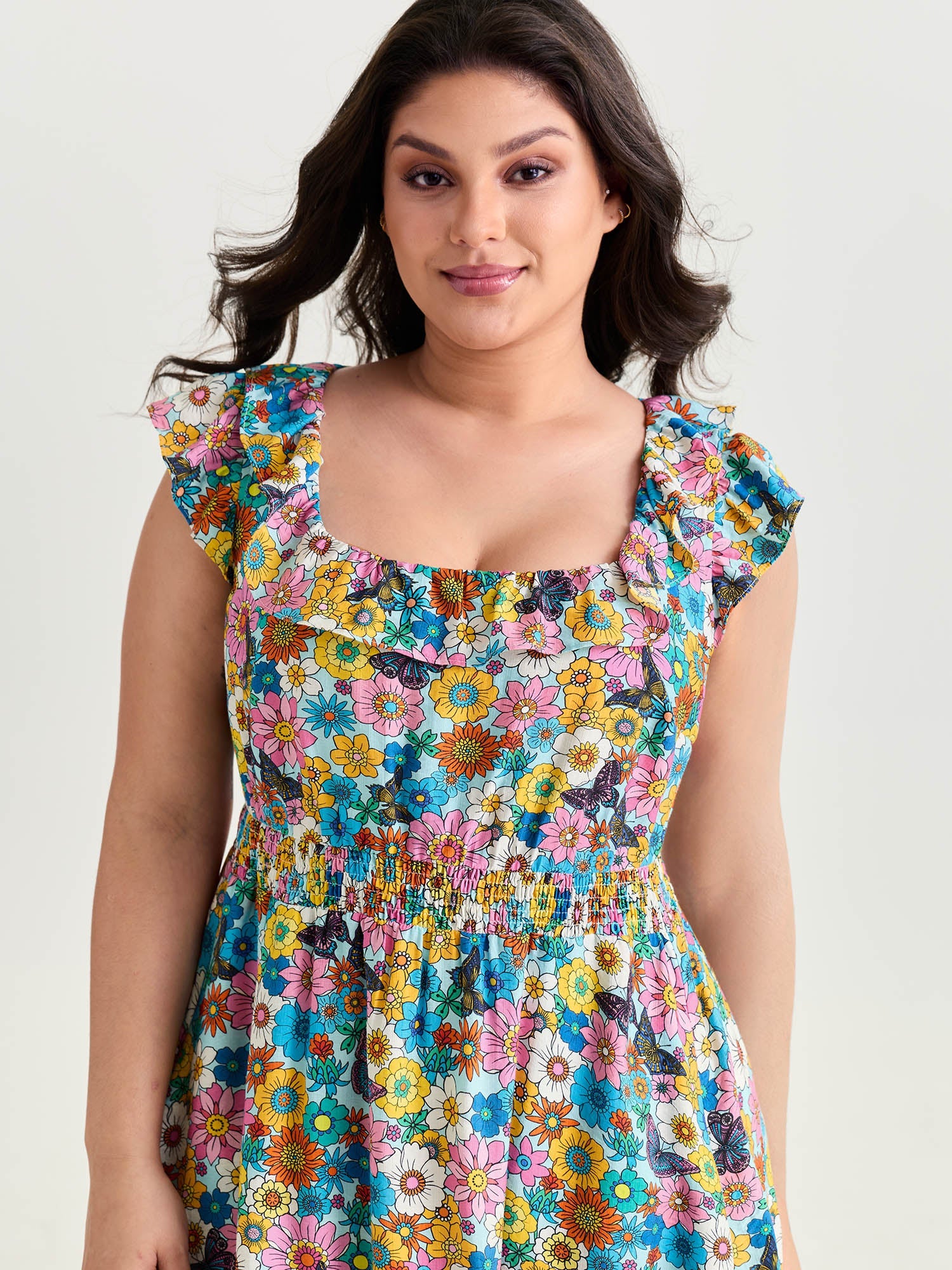 Playful Floral Print Ruffled Straps Midi Dress