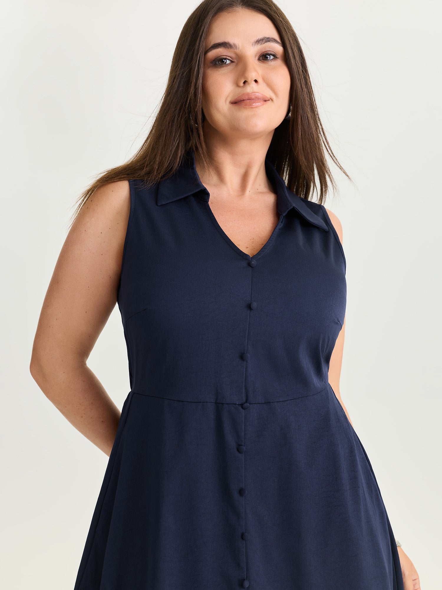 Collar Pockets Button Detail Midi Dress