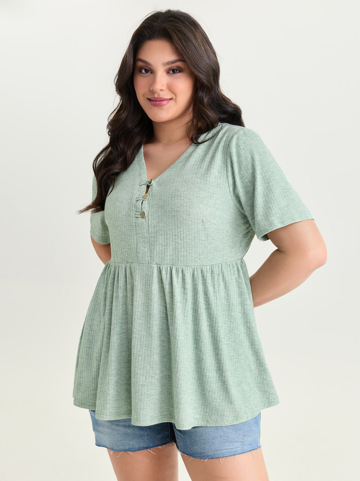 Supersoft Button Detail Plain Knit Top