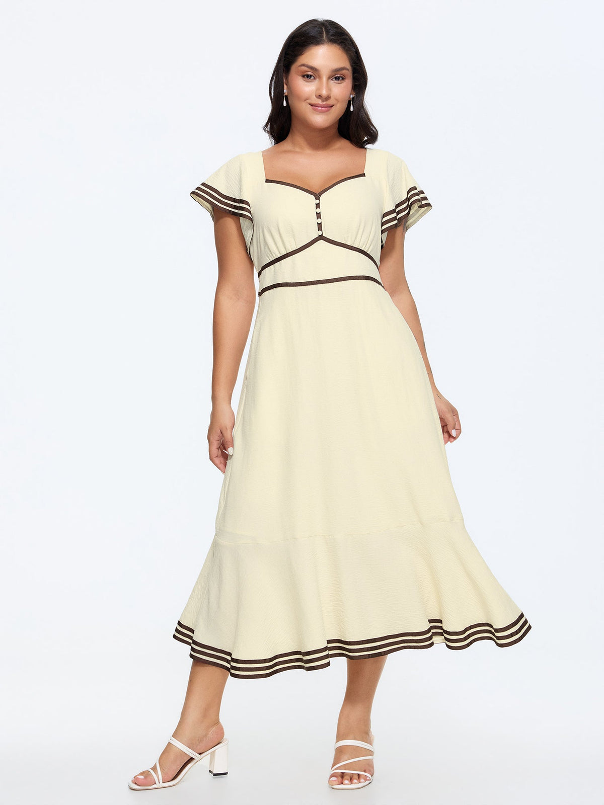 Color Contrast Ruffled Sleeve Midi Dress