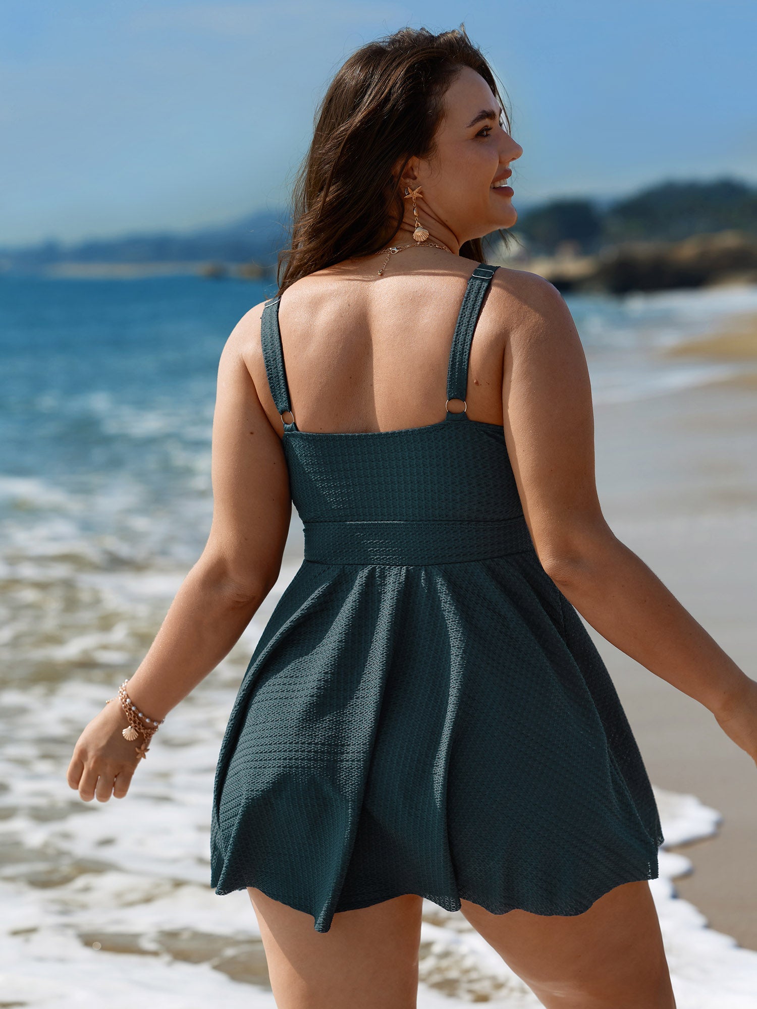 Textured Adjustable Cinched Flared Swim Dress