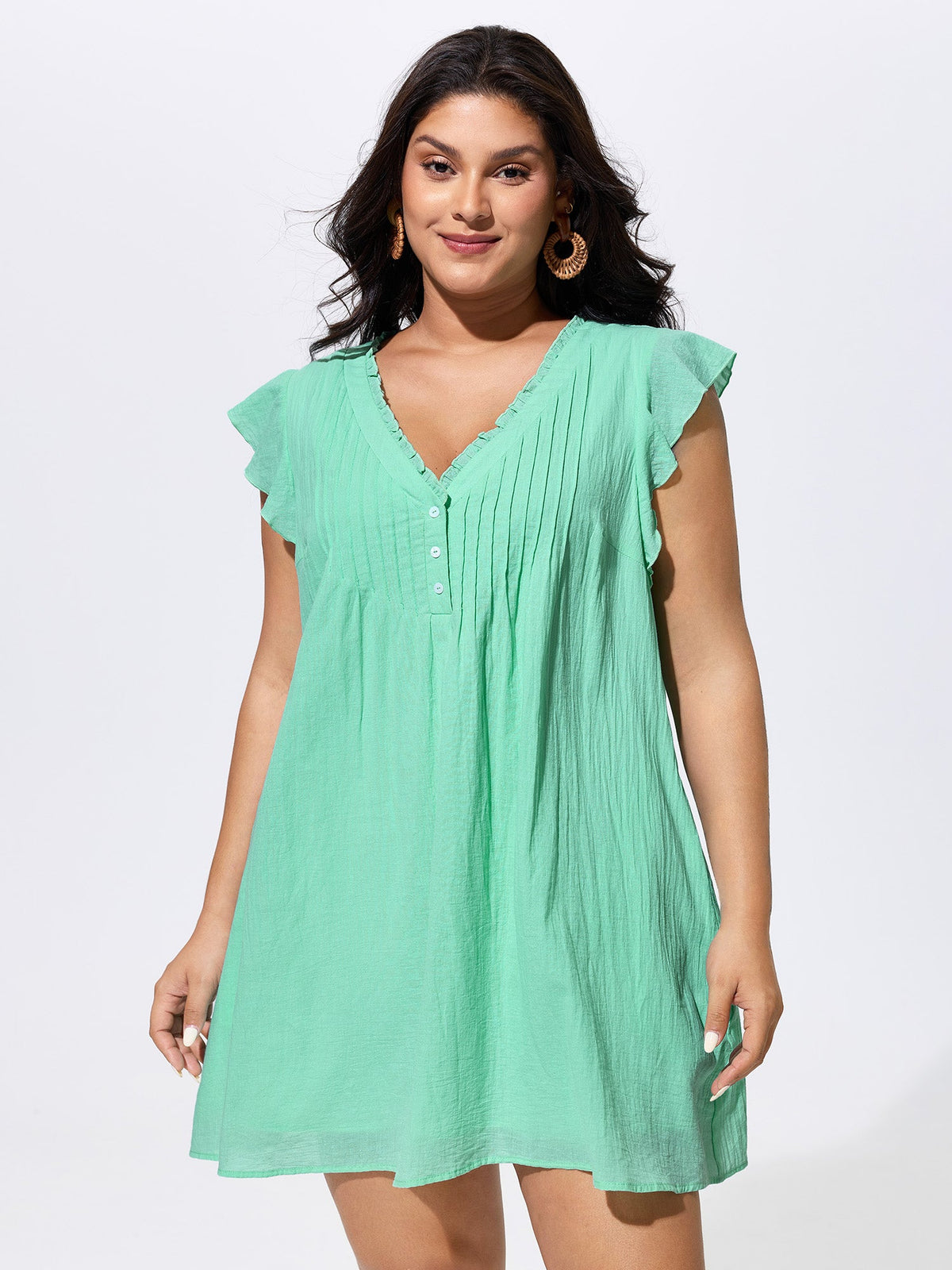 Cotton Toothpick Pleated Plain Mini Dress
