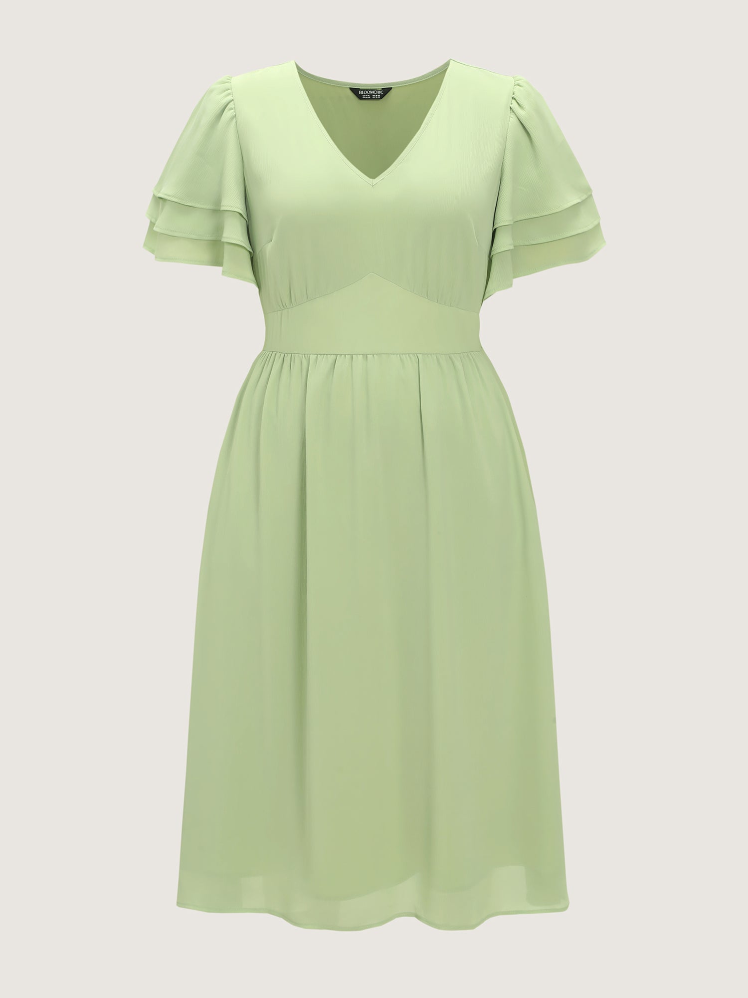 Plain Layered Sleeve Cinched-Waist Midi Dress