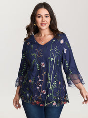 Embroidered Mesh Lotus Leaf Sleeve Blouse