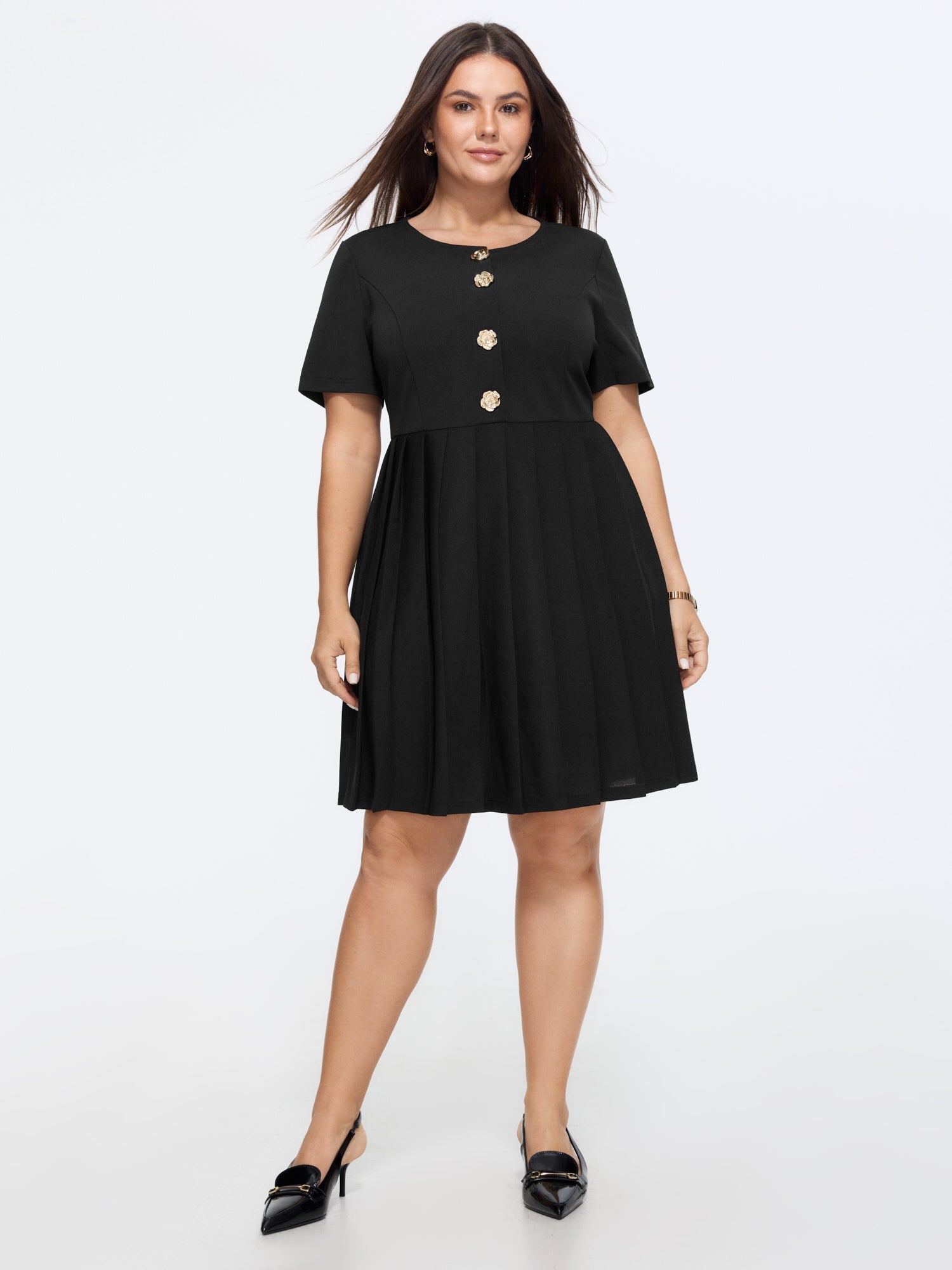 Gold Tone Button Front Slim-Fit Mini Dress