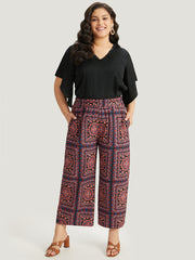 Scarf Print Pocket Elastic Waist Pants