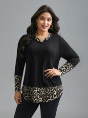 Contrast Patchwork Leopard Stretchy T-shirt