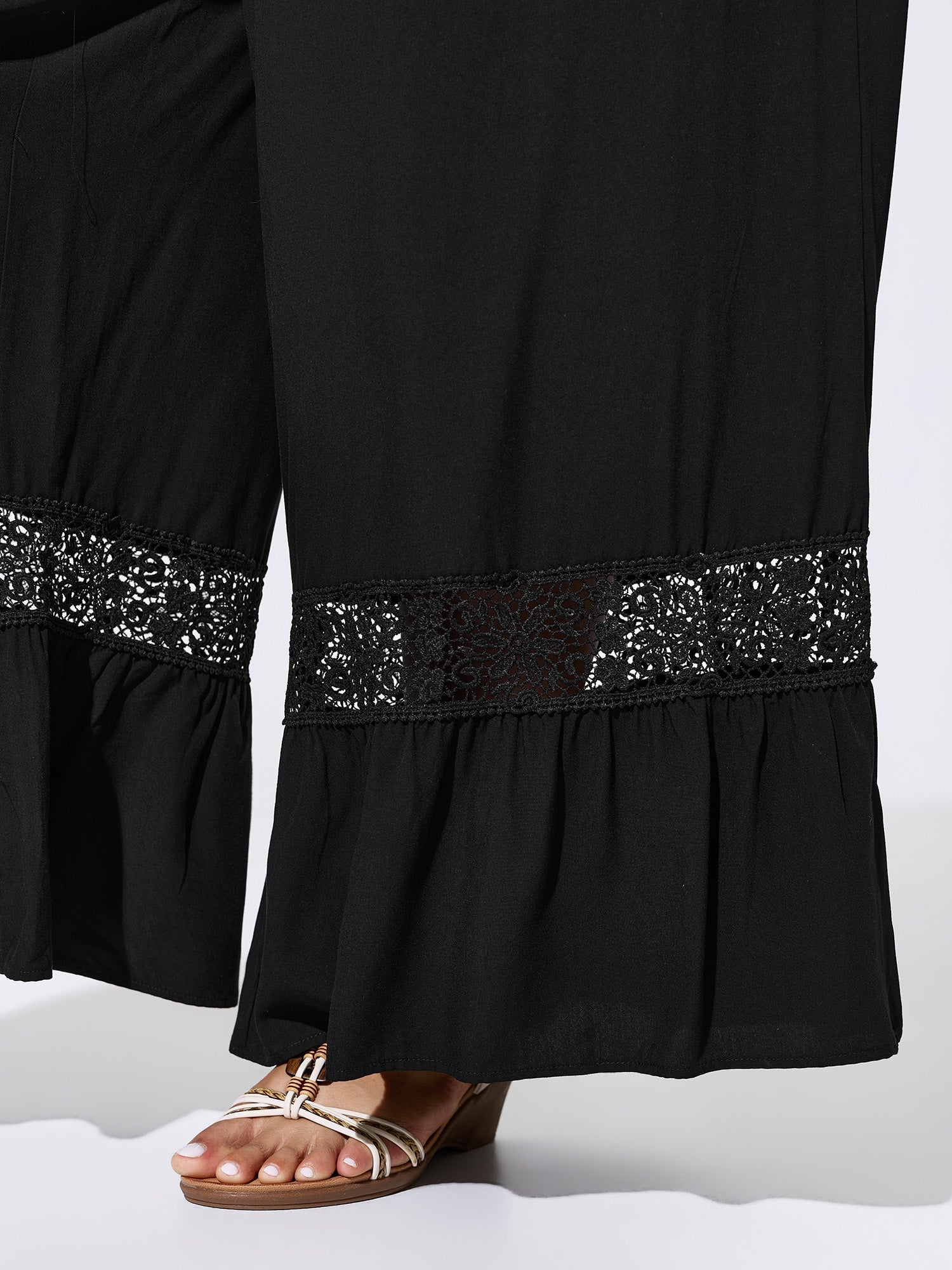Lace Ruffled Hem Wide-Leg Pants