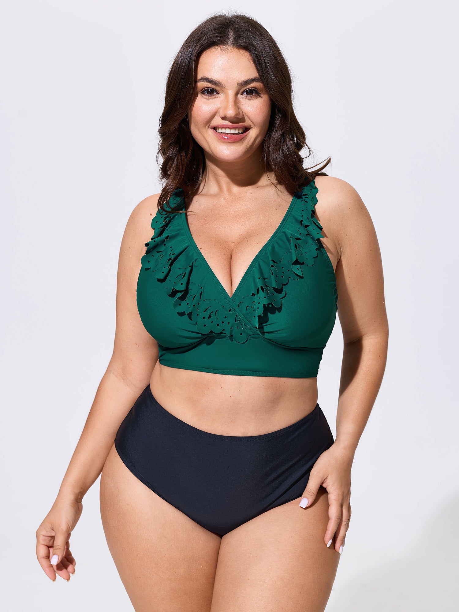 Laser Cut Floral Ruffled Neckline Swim Top