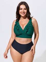 Laser Cut Floral Ruffled Neckline Swim Top