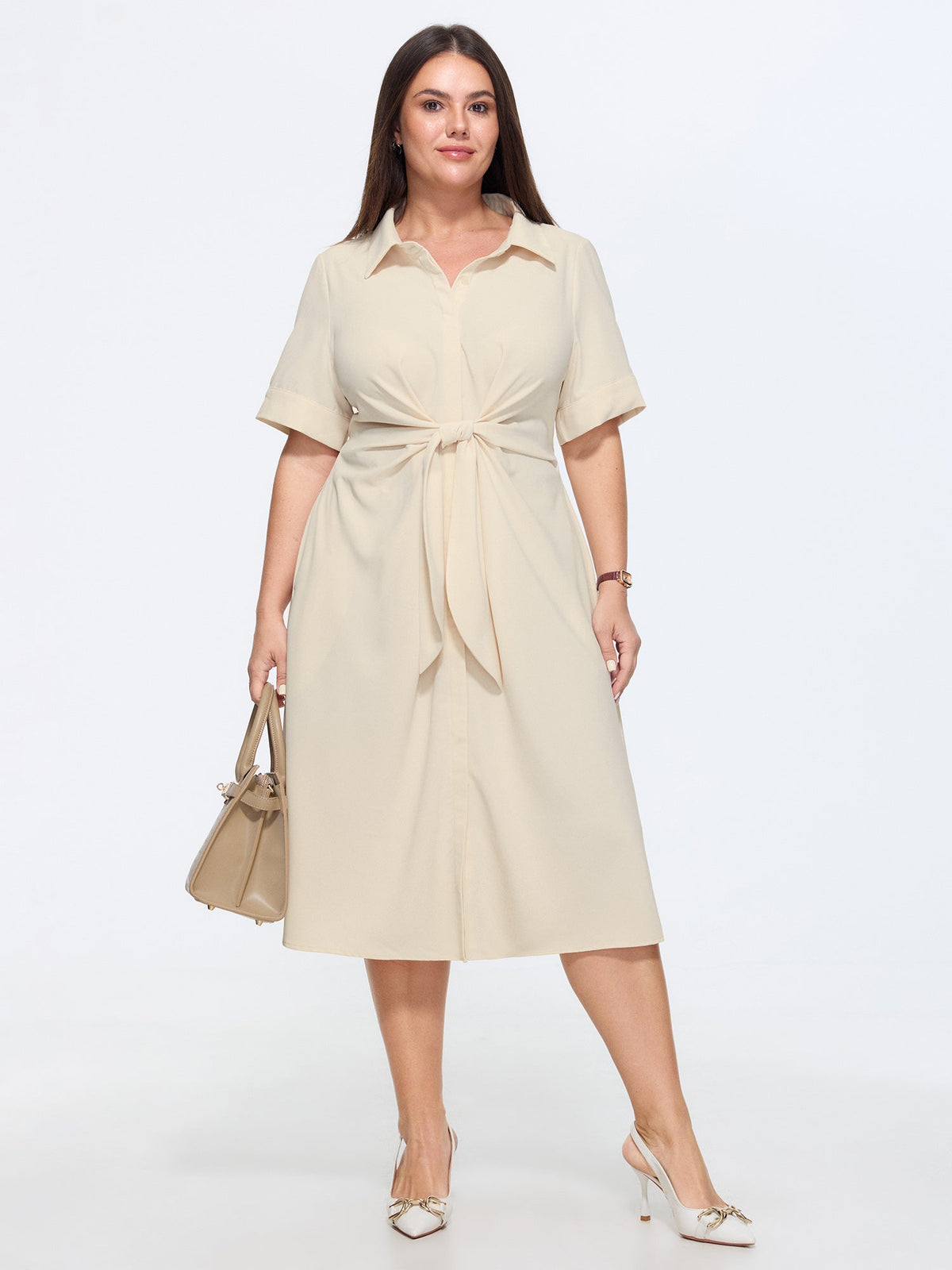 Knotted From Collared Midi Shirt Dress