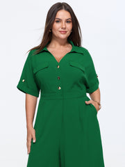 Button Placket Pockets Wide-Leg Jumpsuit