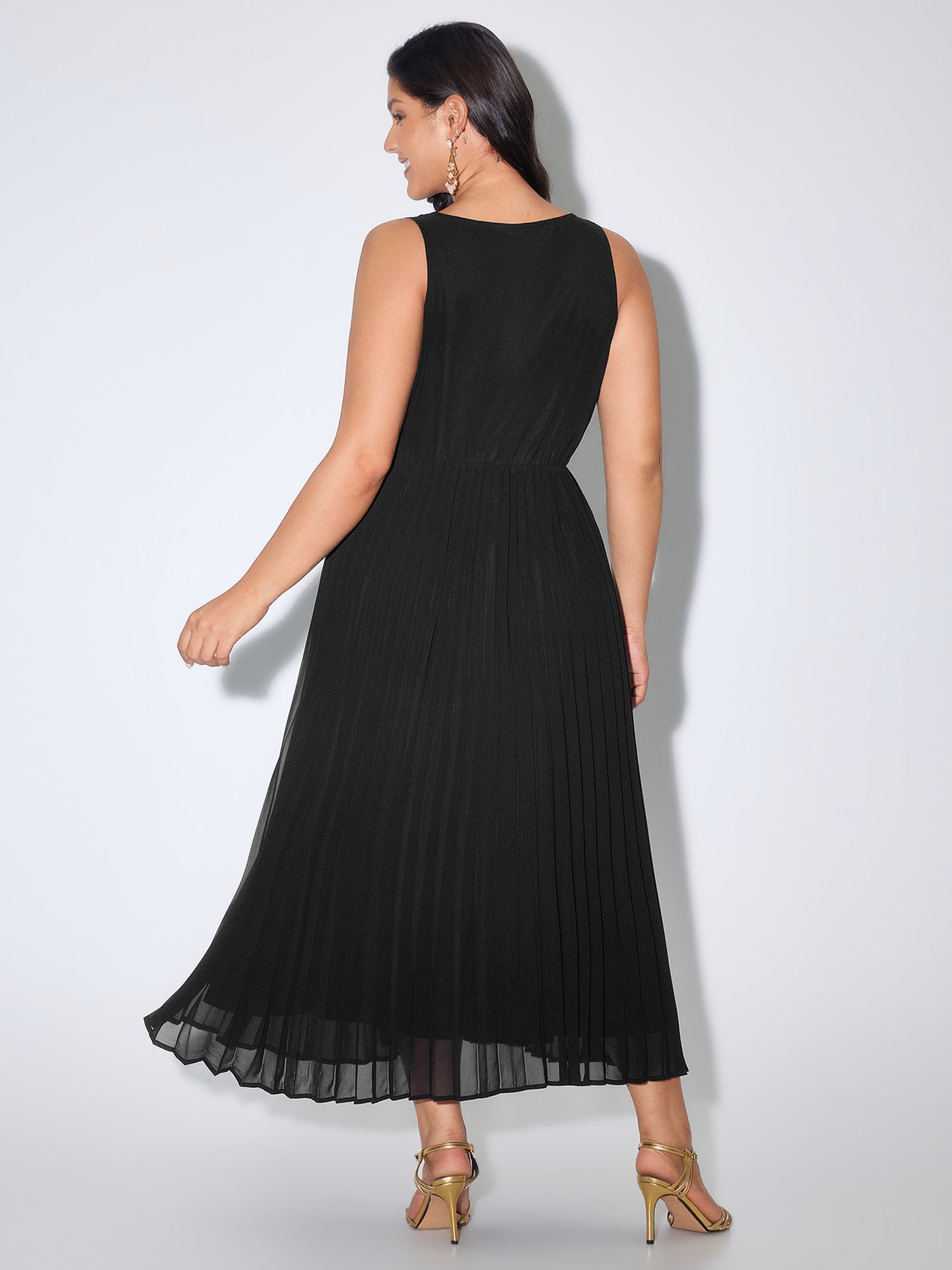 Pleated Waist-Defining Sleeveless Maxi Dress