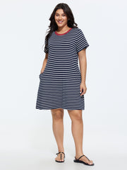 Striped Print Color Contrast T-Shirt Mini Dress