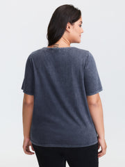 Cotton Vintage Wash Neck Cut-Out T-Shirt