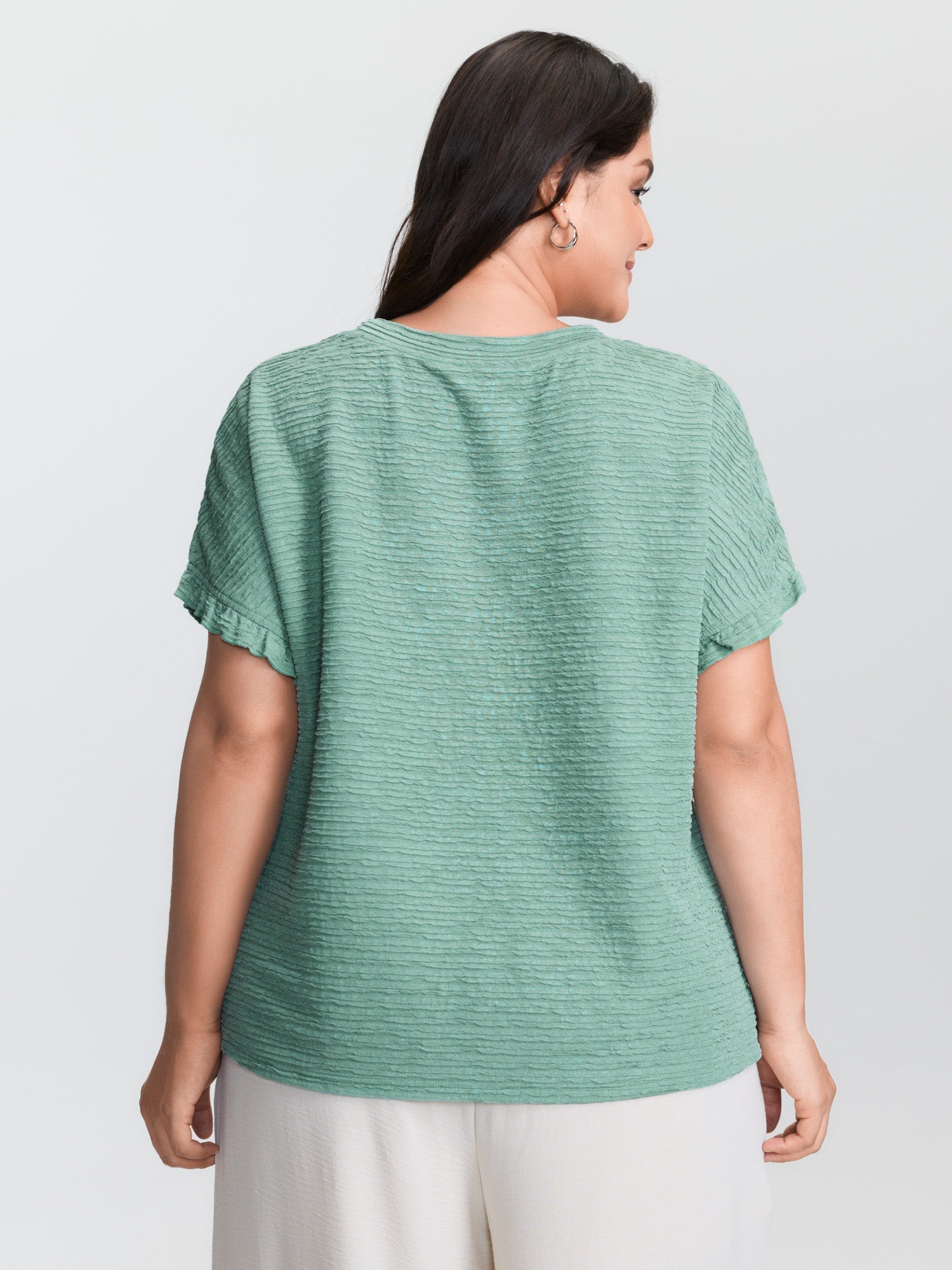 Textured Ruffled Sleeve Detail Plain T-Shirt