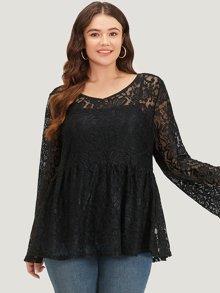 Plain Contrast Lace Mesh Gathered Bell Sleeve T-shirt