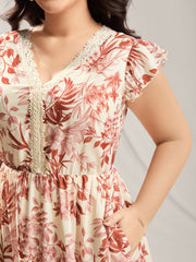 Large Flower Print Lace Trim Maxi Dress