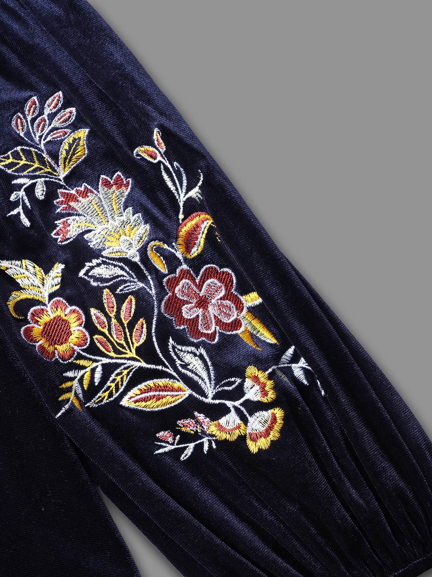 Floral Embroidered Velvet Tie Knot Blouse