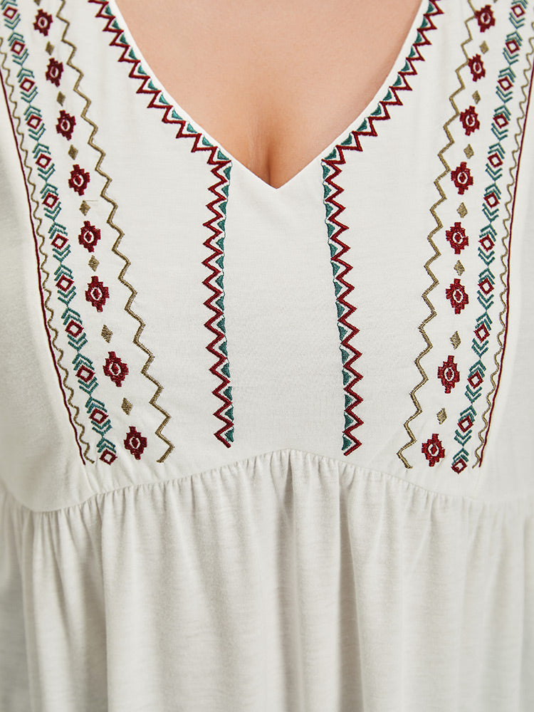 Boho Print Embroidered V Neck Gathered Bell Sleeve T-shirt