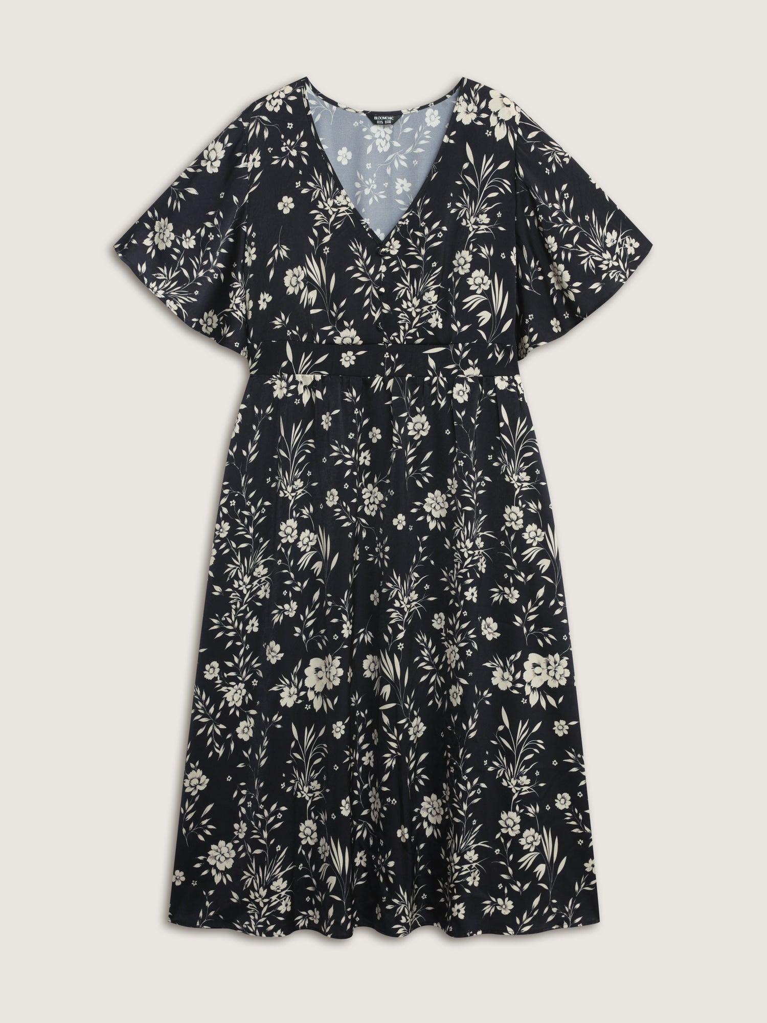 Floral Print V-Neck Cinched-Waist Midi Dress