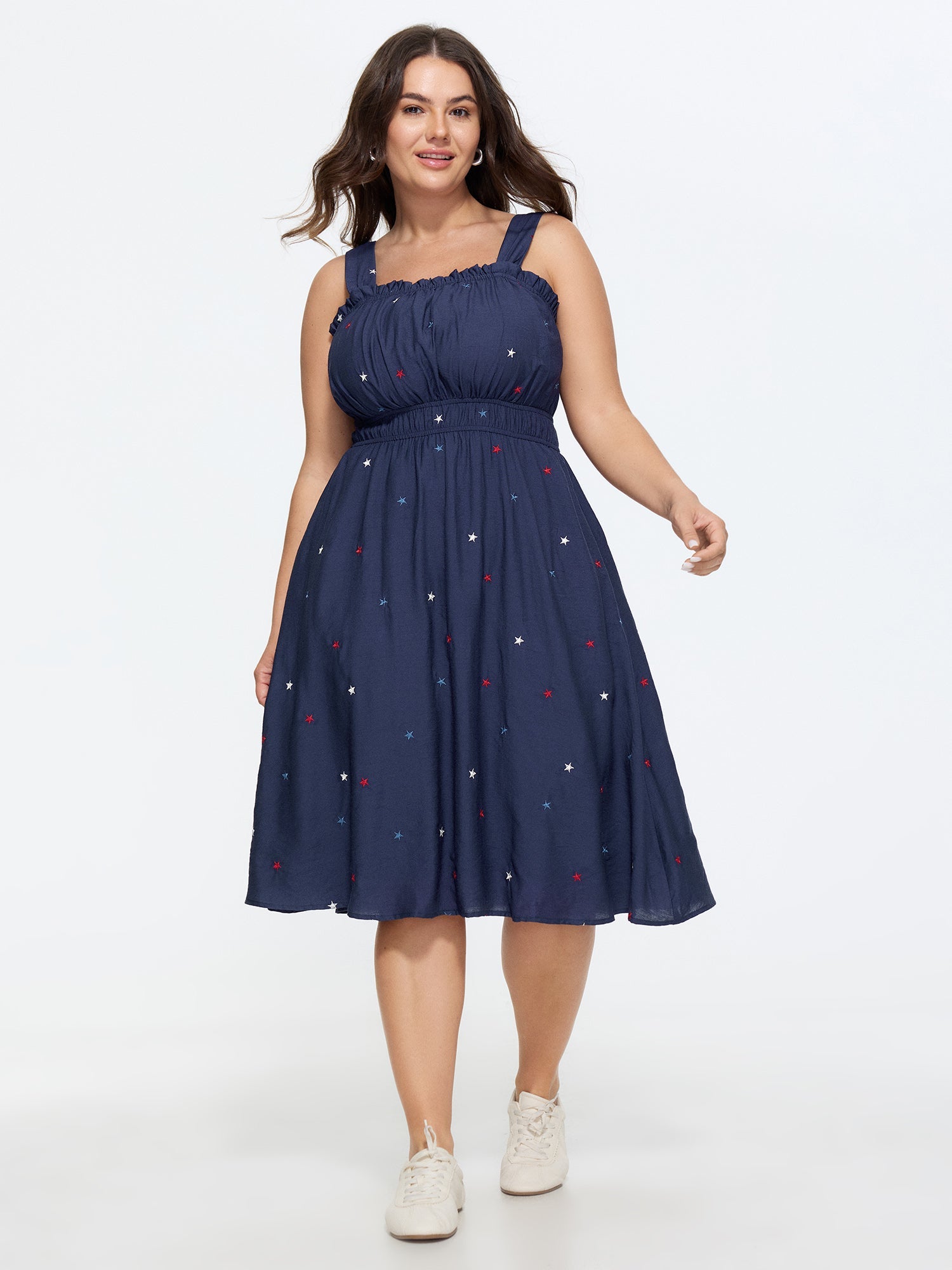 Supersoft Colorful Star Embroidered Wide Strap Midi Dress