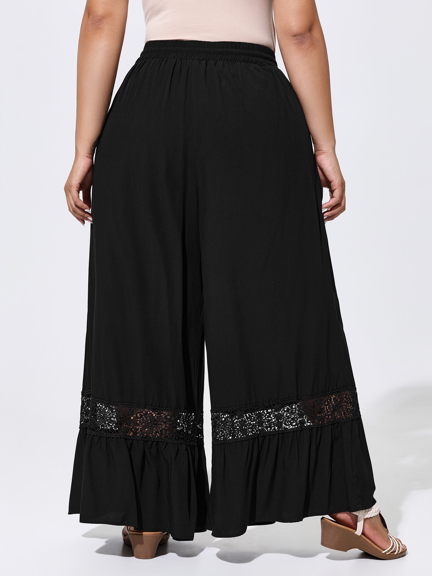 Lace Ruffled Hem Wide-Leg Pants