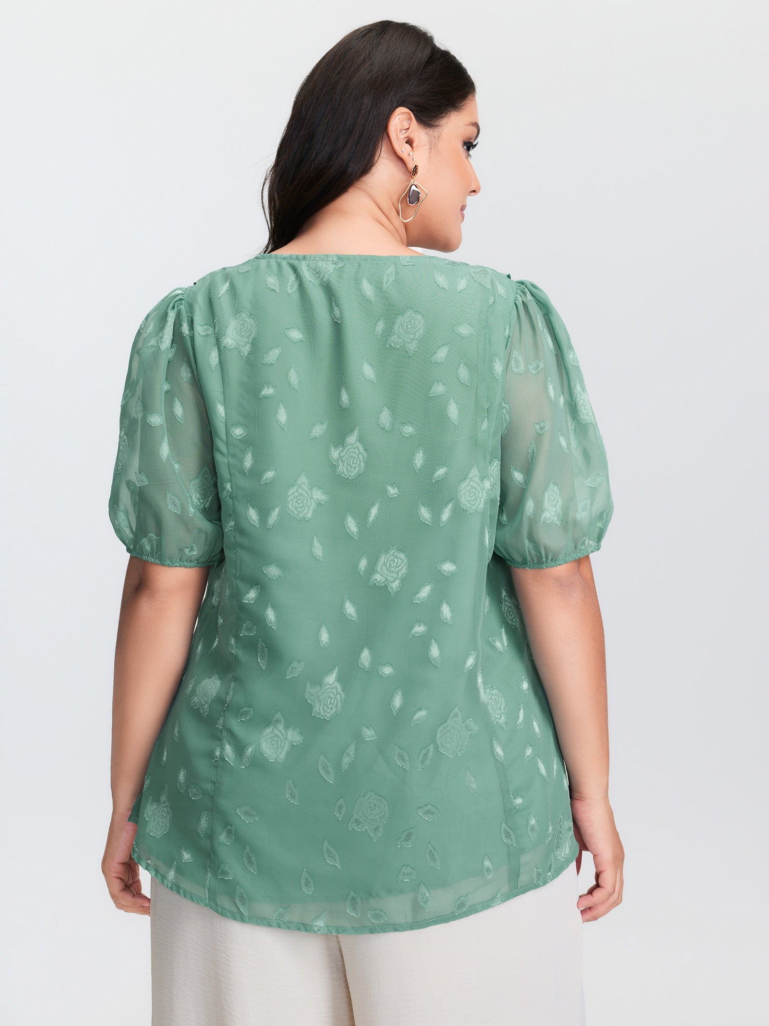 Lotus Leaf Neckline Textured Curvy Hem Blouse