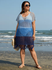 Crocheted Colorblock Fringe Hem Swim Cover-Up