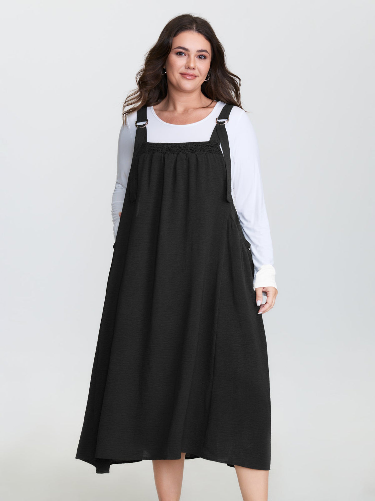 Adjustable Overall Straps Shirred Midi Dress