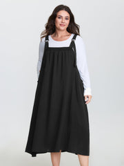 Adjustable Overall Straps Shirred Midi Dress