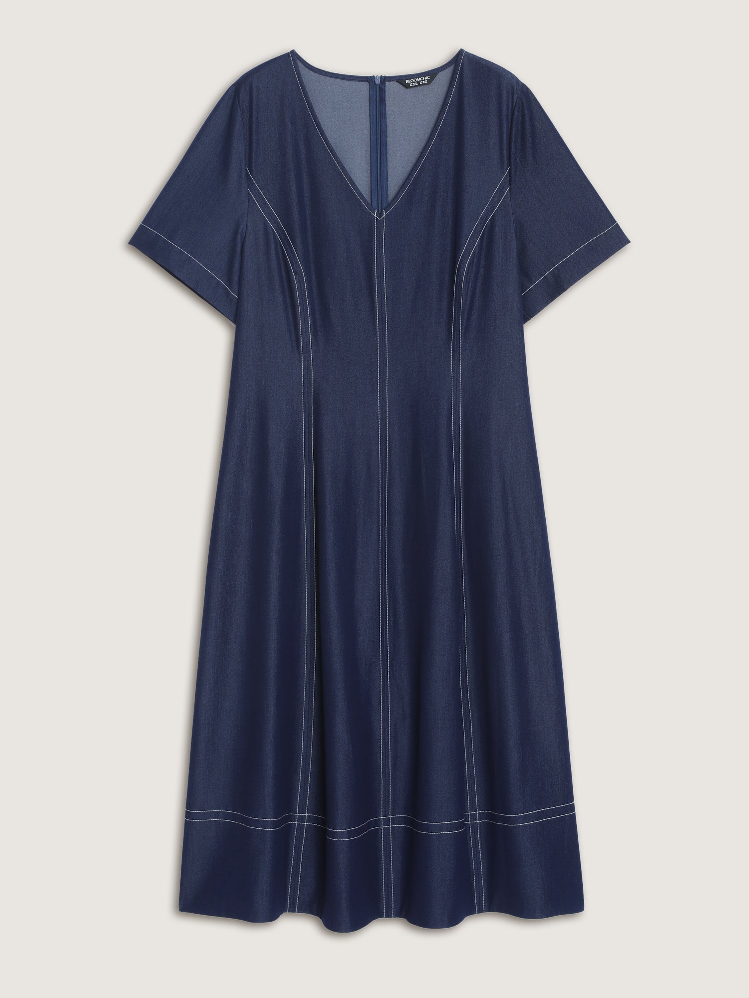 Supersoft Cinched-Waist Pockets Seamed Faux Denim Midi Dress