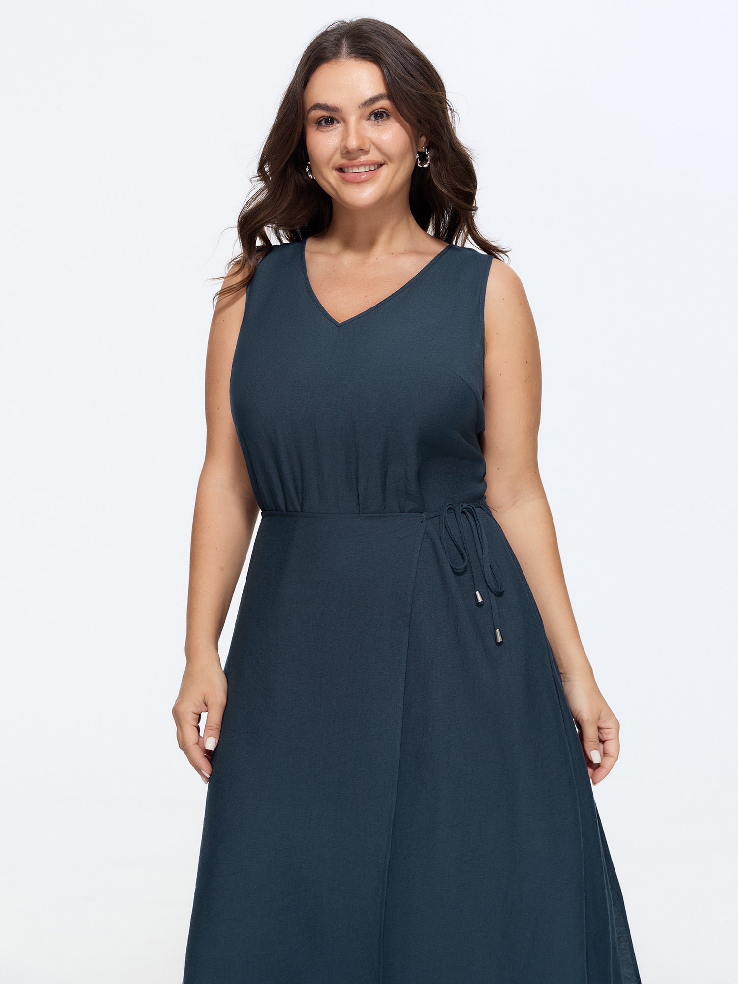 Sleeveless Side-Tie Plain Midi Dress
