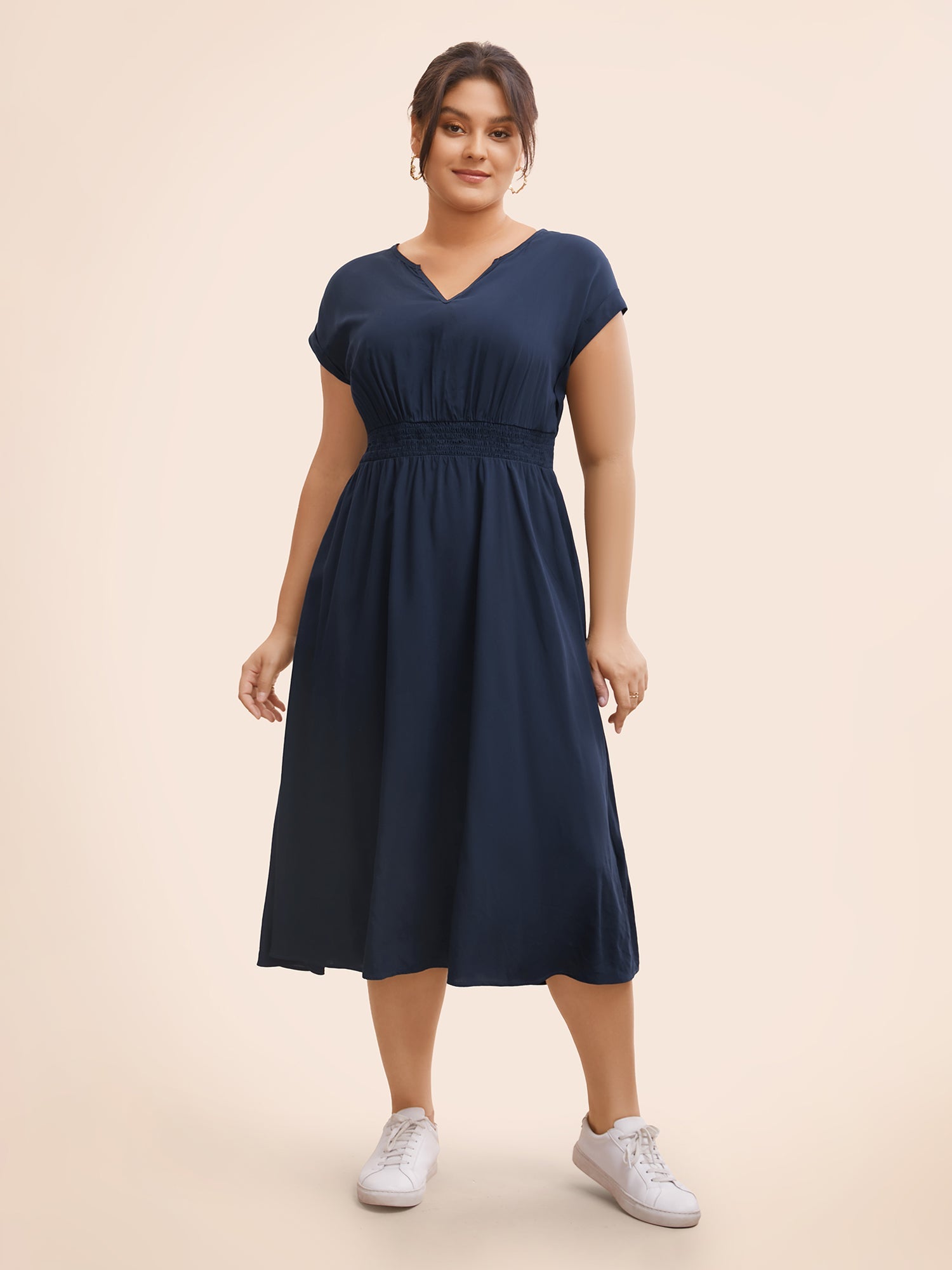 Plain Shirred Cap Sleeve Midi Dress