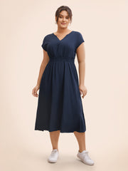 Plain Shirred Cap Sleeve Midi Dress
