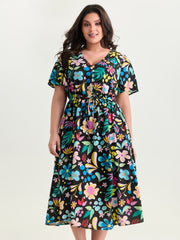 Bright Floral Print Flared Sleeve Midi Dress